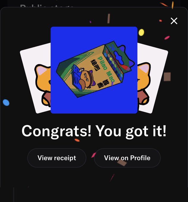 A digital receipt or notification screen displays 'Congrats! You got it!' with a colorful box illustration and buttons for 'View receipt' and 'View on Profile' on a confetti-decorated background.