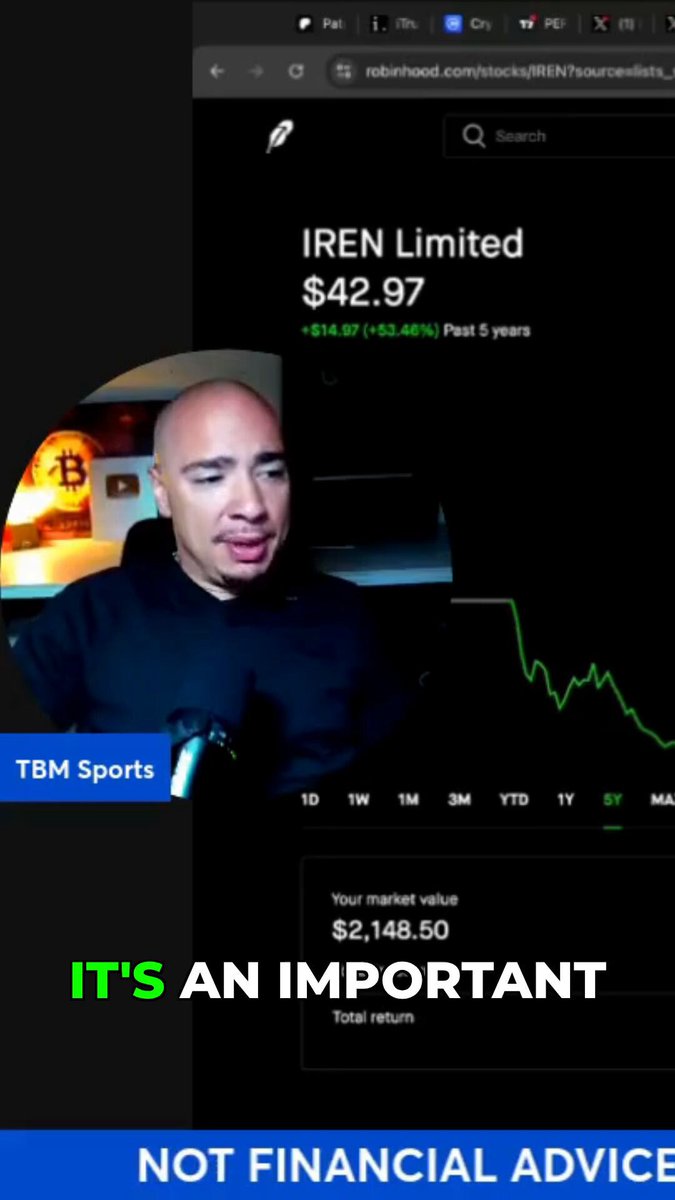 The image shows a man sitting behind a computer screen, with an overlay of text that reads "It's an important". The background of the image features a stock chart for Iren Limited, which has been trading over $67 since the time the video was made at the beginning of the year. The post also mentions Crypto as being great but warns against relying on it too much due to the presence of AI trade.