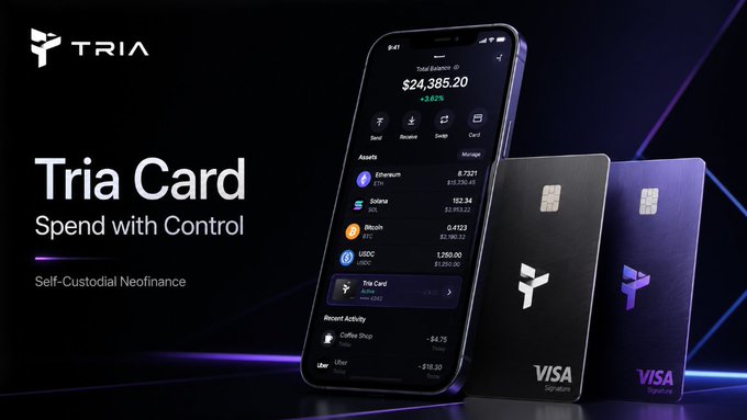 The image features a cell phone displaying three different credit cards from the Tria Card platform. The phone is positioned at the center of the frame, with the text "Tria S3" written above it. Below the phone, there are descriptions of each card tier and how they can be used for everyday crypto spending. The post also mentions that users can choose different card levels based on their preferences or needs.