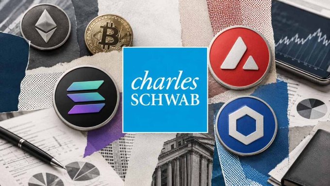The image displays the Charles Schwab logo at its center, surrounded by cryptocurrency icons including Ethereum, Bitcoin, Solana, and Avalanche, set against a background of financial documents and charts. This visual ties directly to the post, highlighting Schwab's expansion of its crypto offerings to include Solana (SOL), Avalanche (AVAX), and Chainlink (LINK) for trading through Schwab Crypto accounts.