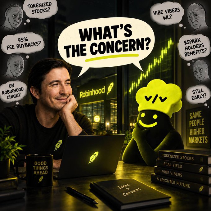 A stylized scene of a man at a laptop next to a chef-hat emoji figure, surrounded by speech bubbles asking concerns like 'TOKENIZED STOCKS?', '95% FEE BUYBACKS?', 'ON ROBINHOOD CHAIN?', 'VIBE VIBERS WL?', '$SPARK HOLDERS BENEFITS?', and 'STILL EARLY?', with Robinhood branding and books labeled 'TOKENIZED STOCKS', 'REAL YIELD', 'VIBE VIBERS', and 'A BRIGHTER FUTURE'.