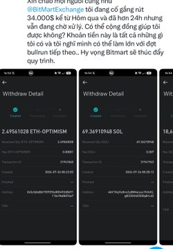 A mobile screenshot in Vietnamese discussing Bitcoin and Binance Exchange withdrawals, showing 'Withdraw Detail' screens with transactions including '2.4755128 ETH-OPTIMISM' and '69.36910968 SOL'.