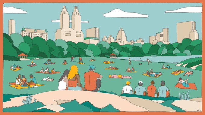 An illustrated scene of people relaxing on blankets in a grassy park with a city skyline visible in the background, with a couple sitting together in the foreground.