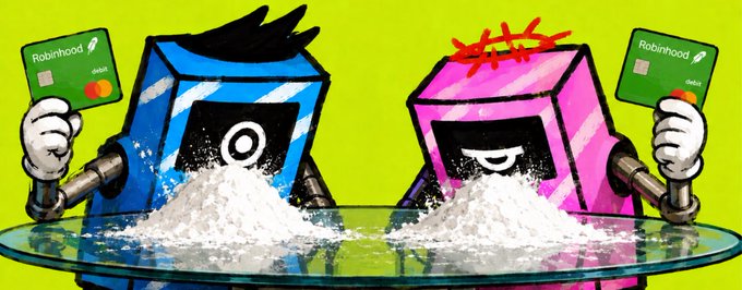 Two cartoon box characters—one blue, one pink—each holding up a green Robinhood debit card and snorting lines of white powder off a glass table, echoing the "stonks" meme style. The image riffs on the "snow cocaine" meme format to humorously suggest that retail traders are hyped and the stock/crypto rally still has plenty of upside ahead.