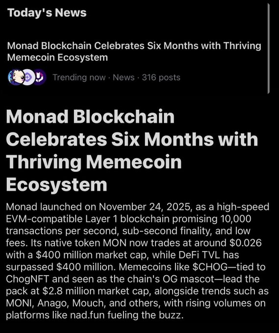 A black and white news article titled "MOND BLOCKCHAIN celebrates six months with thriving memecoin ecosystem" by "MONAD BLOCKCHAIN".