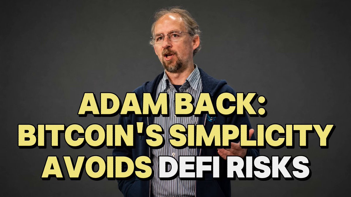 The image features a man wearing glasses standing against a gray background with white text. The text reads "Adam Back: Bitcoin's Simplicity Avoids DeFi Risks On May 24, 2026, Adam Back @adam3us stated in an interview that VM-based smart contracts are too complex to secure, like Ethereum, and keeping systems simple avoids risks". This information is related to the post about Adam Back discussing Bitcoin's simplicity and how it can help avoid DeFi risks.