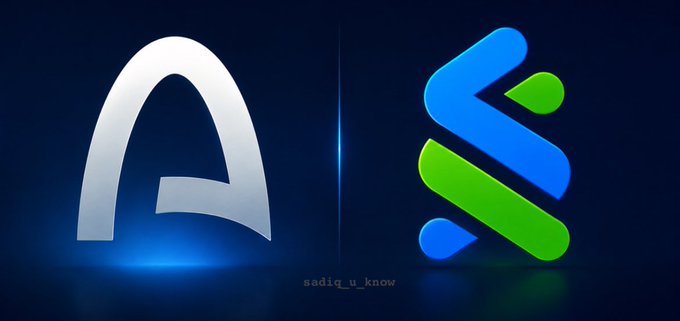 A stylized metallic "A" logo on the left and a blue and green abstract "S" emblem on the right, separated by a glowing vertical line, with the watermark "sadiq_u_know" at the bottom center, likely representing Arc and Standard Chartered ahead of the Arc mainnet launch.