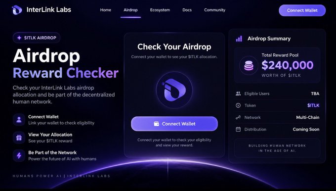 The image shows the InterLink Labs "Airdrop Reward Checker" webpage with a $240,000 reward pool of $ITLK tokens, featuring a "Connect Wallet" button and an Airdrop Summary panel displaying the token, multi-chain network, and "Coming Soon" distribution status.