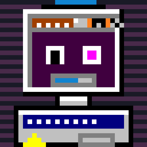 A pixel art illustration of a retro computer monitor displaying a purple screen with abstract elements, sitting on a keyboard against a purple striped background.
