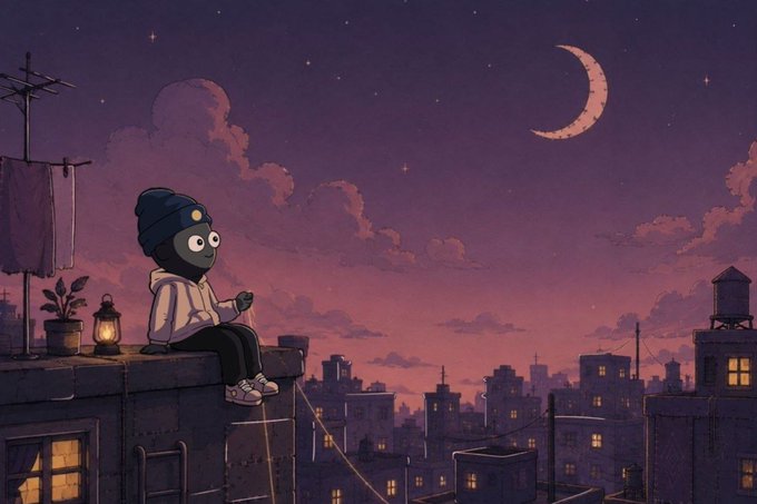 An illustrated scene shows a hooded figure sitting on a rooftop at twilight, with a lantern and potted plant beside them, overlooking a city skyline under a starry purple sky with a crescent moon.