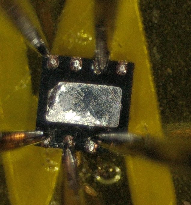 A close-up view of a tiny integrated circuit chip with fine wire bonds connecting to its pads, mounted on a yellow circuit board, humorously captioned "look at me your money is safe" to suggest the chip's intricate, exposed appearance.
