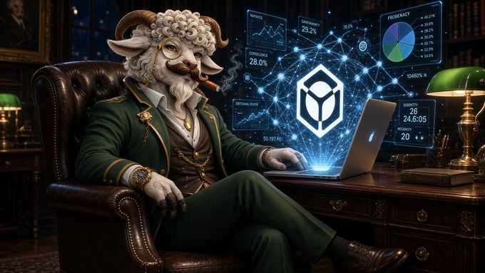 An anthropomorphic sheep or ram dressed in a green Victorian-style suit sits in a leather chair using a laptop, with glowing holographic data charts and a digital icon floating beside it.