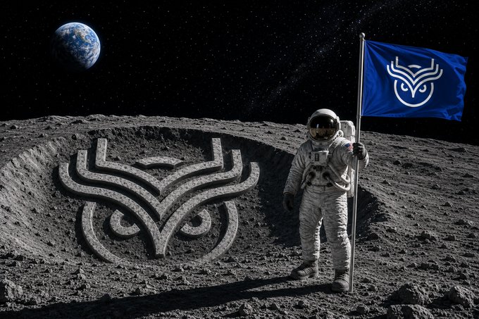 A surreal digital artwork featuring an astronaut planting a blue flag with a white emblem on the lunar surface, with Earth visible in the starry background and a large matching emblem carved into the moon dust.