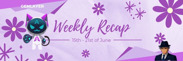 The image features a purple banner with white text that says "Weekly Recap" at the top, followed by a list of items including "GenLayer", "Gm gm X Legends", "From live community Spaces to crossing 1M on-chain decisions this week". The image also includes a cartoon cat and a man in a suit.