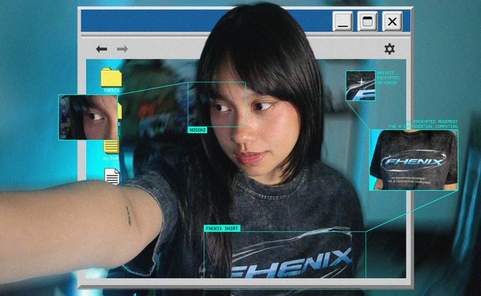A photo of a woman in a dark shirt is overlaid with a digital file explorer interface window, showing folders labeled 'mouse', 'mug', 'PHENIX SHIRT', and 'PHOTO HACKED BY ME 2016!'.
