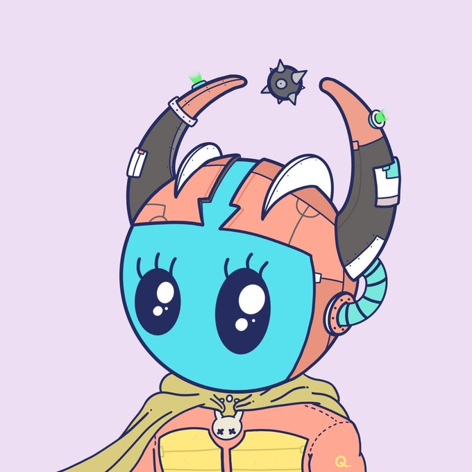 A cartoon character with a blue helmet/horns, big shiny eyes, and an orange and green outfit, with a small spiked ball floating above their head.