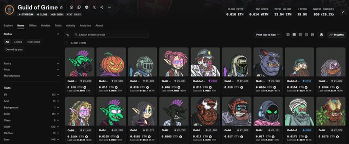 A screenshot of the 'Guild of Grime' NFT marketplace displays a grid of digital collectible avatars with various prices listed in ETH.