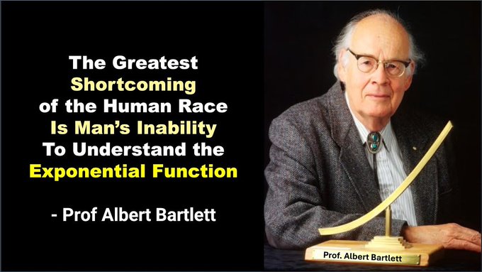 An image featuring Professor Albert Bartlett alongside his famous quote: "The Greatest Shortcoming of the Human Race Is Man's Inability To Understand the Exponential Function." The image relates to the post by illustrating how exponential growth makes brute-forcing a 128-bit encryption key computationally impossible—scaling from a few days for 56 bits to beyond any conceivable timeframe for 128 bits, mirroring Bartlett's lesson about humanity's struggle to grasp exponential scales.