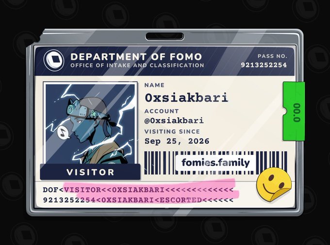 A digital ID badge from the 'Department of Fomo' for a visitor named 'Oxsiakbari', displaying the account '@Oxsiakbari', a visiting date of 'Sep 25, 2026', and a barcode for 'fomies.family'.