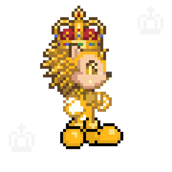 A pixel art sprite of a female character wearing a golden crown, yellow armor, and large yellow boots, standing against a white background with faint grey icons.