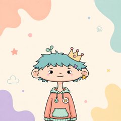 A cute cartoon character with teal hair wearing a small gold crown, surrounded by pastel shapes and stars, fitting the playful theme of announcing multiple NFT mints.
