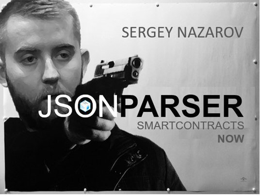 A parody poster featuring Sergey Nazarov pointing a gun, with text reading 'JSON PARSER SMARTCONTRACTS NOW'.