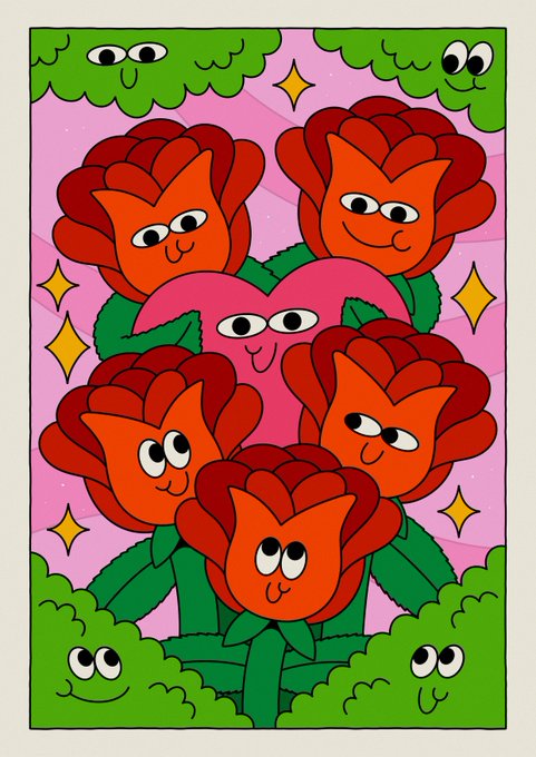 A whimsical illustration of red roses and green leaves with cartoon eyes and smiling faces on a pink background with yellow stars.