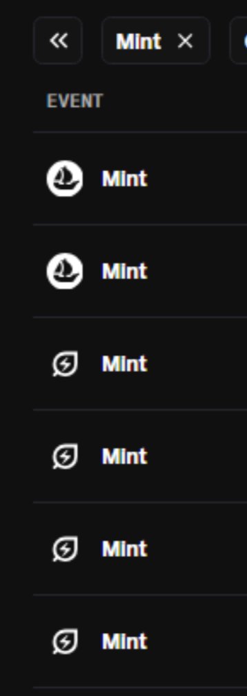 A dark mobile app interface displaying an 'EVENT' tab with a list of 'Mint' options.