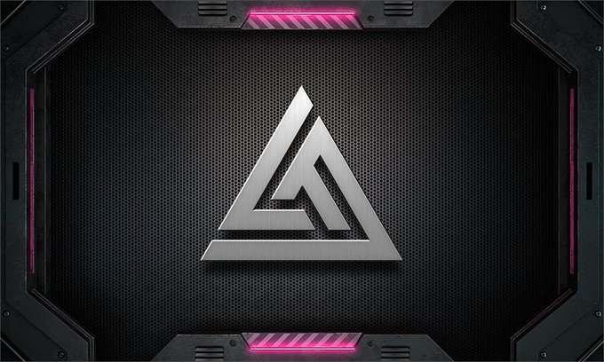 A metallic triangular 'Penrose' or 'Trefoil' knot-style logo is displayed on a dark mesh background with pink neon accents.
