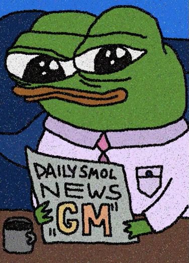 A drawing of the 'sad Pepe the Frog' meme reading a newspaper titled 'DAILY SMOL NEWS - GM' next to a coffee mug.