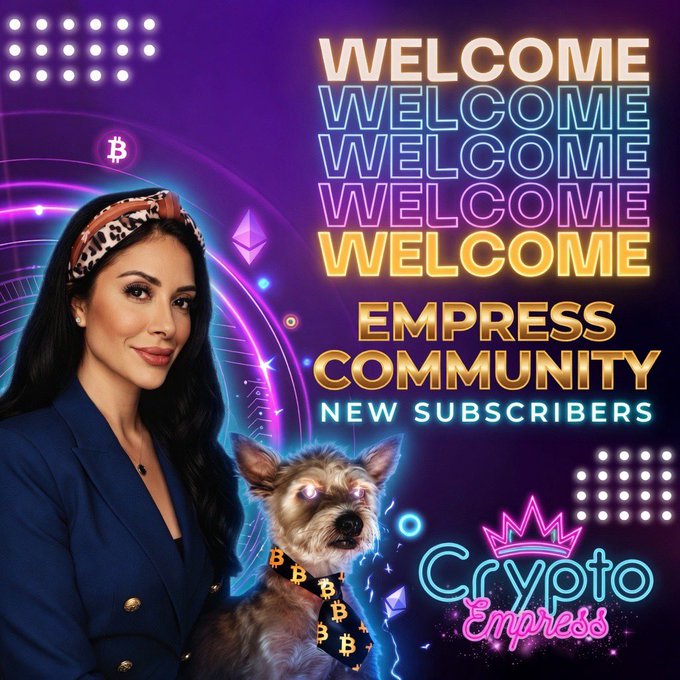 A woman in a blue blazer and leopard-print headband stands beside a small dog wearing a Bitcoin-patterned tie against a neon purple background featuring "WELCOME EMPPRESS COMMUNITY NEW SUBSCRIBERS" and "Crypto Empress" logos with Bitcoin and Ethereum symbols. The image celebrates the new subscriber welcome announcement.