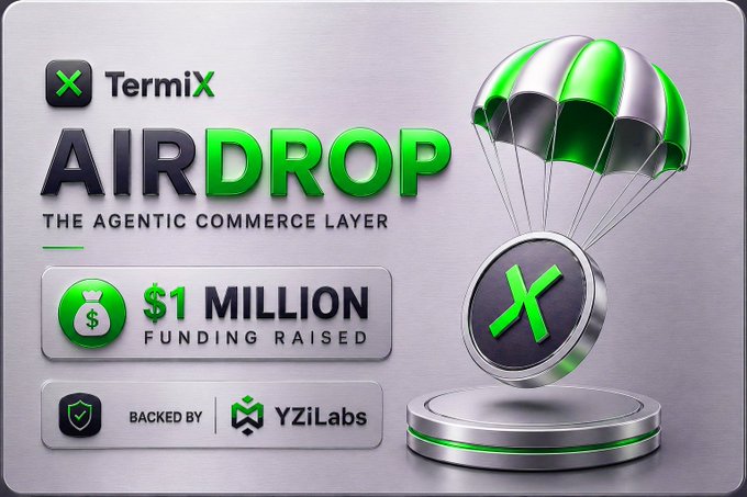 A promotional graphic for TermiX's "AIRDROP" campaign, featuring a green parachute delivering a TermiX token coin onto a pedestal, with text announcing "$1 MILLION FUNDING RAISED" and "BACKED BY YZiLabs," visually reinforcing the post's claim that TermiX is building an Agentic Commerce Layer with a confirmed airdrop.