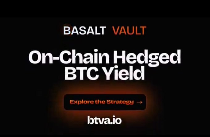 A promotional graphic for Basalt Vault at btva.io, featuring the headline "On-Chain Hedged BTC Yield" and an "Explore the Strategy" button, advertising the newly launched DeFi platform that generates 10%+ yield on USDC deposits through on-chain verifiable BTC hedging strategies.
