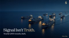 A dark, moody image of an oil tanker fleet at night with the text "Signal Isn't Truth. Nearly 1,000 vessels, dark." in the bottom left corner.