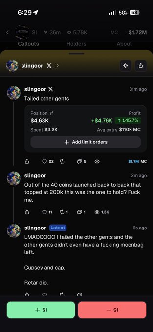 A screenshot of a social trading post from user "slingoor" showing a profitable trade on a token with a position of $4.63K, a profit of +$4.76K (+145.7%), and an average entry of $110K MC. The accompanying caption "always leave a moonbag" relates to the trader's post where they joke about being "the one to hold" and tailing "other gents" who didn't keep any moonbag.