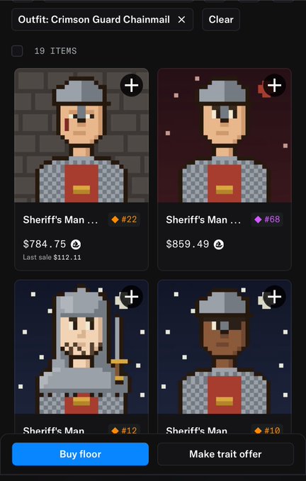 A mobile app screen showing 19 items in the 'Crimson Guard Chainmail' outfit category, featuring pixel art 'Sheriff's Man' NFT characters with prices ranging from $784.75 to $859.49, with options to 'Buy floor' or 'Make trait offer'.