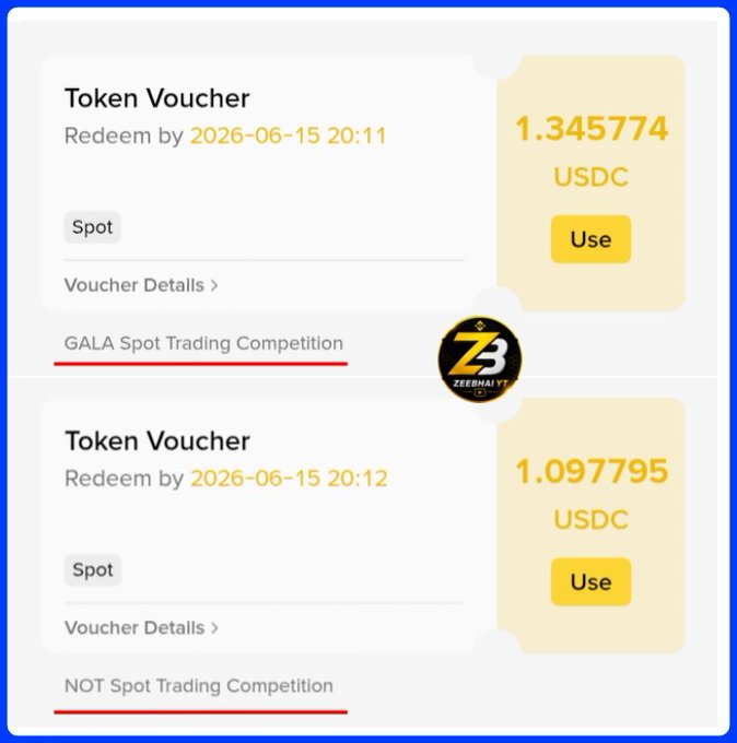 The image shows a screenshot of a post on social media that displays two different posts about rewards for trading in the cryptocurrency market. The first post is titled "Token Voucher" and has a blue background, while the second post is titled "Tokens" with a yellow background. Both posts contain information about how to receive tokens as rewards by trading in the cryptocurrency market. One of the posts also mentions that there are two more Token Vouchers available for distribution, totaling 2.44+ USDC. The image focuses on these two posts and their content related to token rewards.