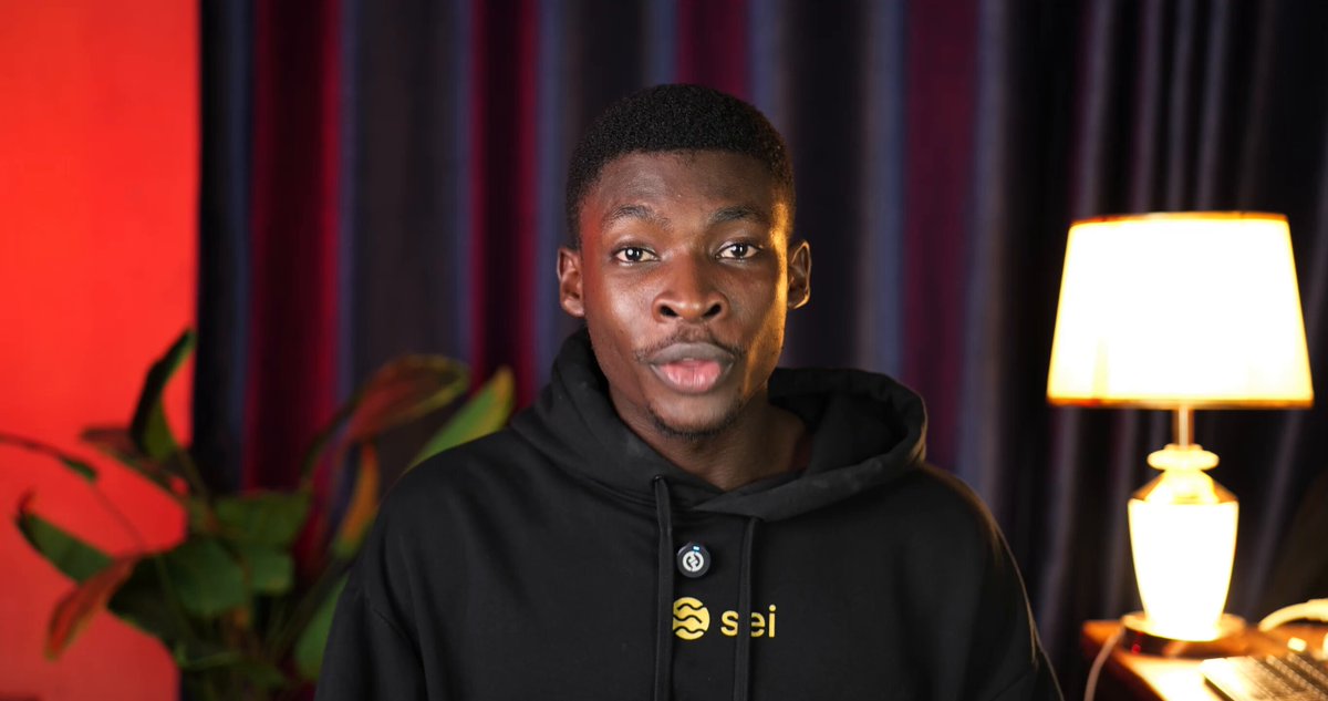 The image features a man wearing a black hoodie with yellow text, standing against a red curtain backdrop. The man appears to be posing for a photo or video, possibly for a social media platform like Instagram. The caption of the image reads "DAY 2 OF MAKING EXPLAINER Videos everyday UNTIL I GET A GIG @SeiNetwork easily smashed an all-time low of 0.36 block time and then launched the GIGA roadmap! Would you build on a blockchain this fast?".
