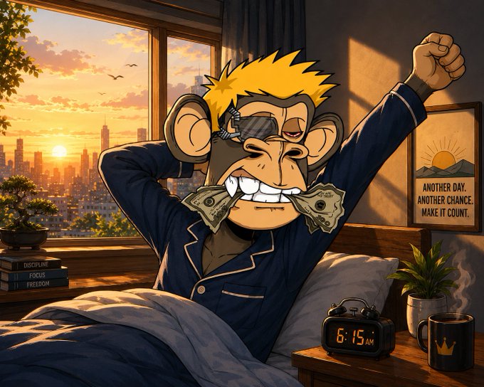 A cartoon illustration of a monkey with blonde hair and sunglasses in pajamas, yawning and stretching in bed with money in its mouth, next to a clock reading '6:15 AM' and a sign saying 'ANOTHER DAY. ANOTHER CHANCE. MAKE IT COUNT.'