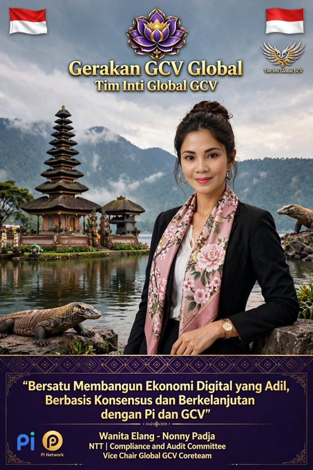 A promotional poster for 'Gerakan GCV Global' featuring Wanita Elang, identified as Vice Chair of the Global GCV Coreteam, with Indonesian flags and a Balinese temple background.