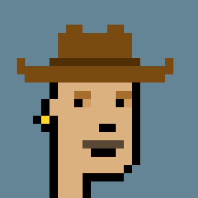 The image features a cartoon-like depiction of a man wearing a cowboy hat with a brown color. He has a mustache and beard, giving him an interesting look. The background appears to be blue, which complements the cowboy hat's color well. It is not clear from the image whether it's related to cryptocurrency or just the picture itself, but there is a post stating that someone bought this particular artwork for 78 ETH (USD $157,000).