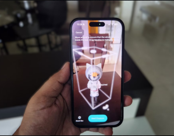 A hand holding a smartphone displaying an AR application with a 3D character and a 'Cancer' zodiac health tip about moving around to help a whole-body dog recover.
