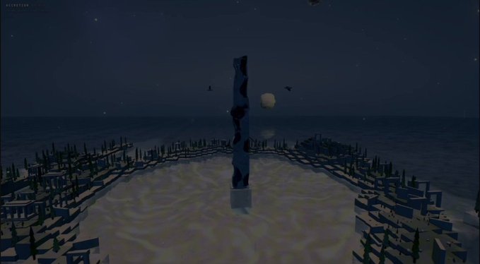 A nighttime Minecraft scene shows a tall vertical pillar structure on a sandy beach surrounded by water, with a moon and stars in the dark sky.