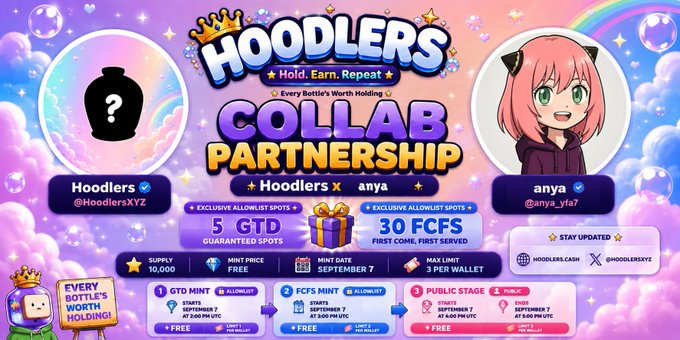 A vibrant promotional graphic for a 'HOODLERS COLLAB PARTNERSHIP' between Hoodlers (@HoodlersXYZ) and anya (@anya_yfa7), with reward details and timeline dates of September 7.