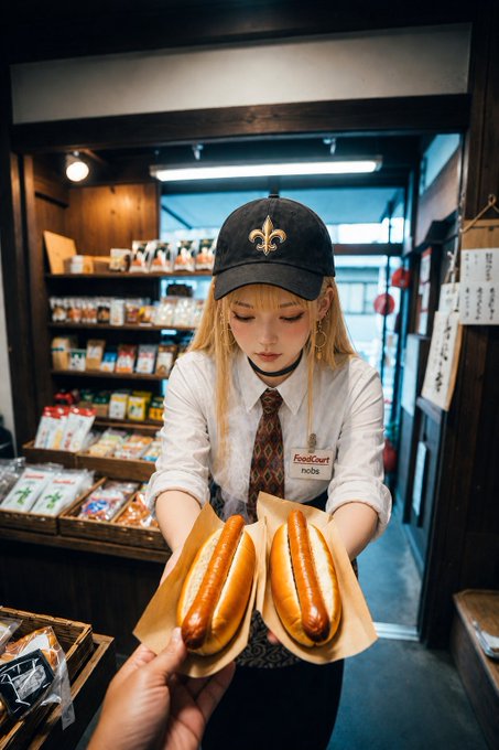 A blonde woman wearing a black fleur-de-lis cap and a white shirt with a "FoodCourt nobs" name tag holds out two hot dogs in buns toward the viewer. The caption playfully relates to her offering "gourmet" food court hot dogs as part of a humorous experiment-themed post.