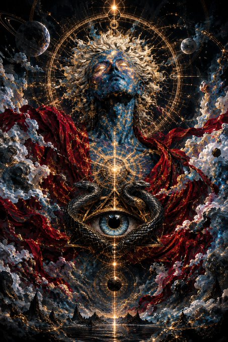 An intricate digital artwork depicting a figure with closed eyes reaching toward the sky, surrounded by clouds, planets, and golden mystical symbols, with a prominent eye motif in the center.
