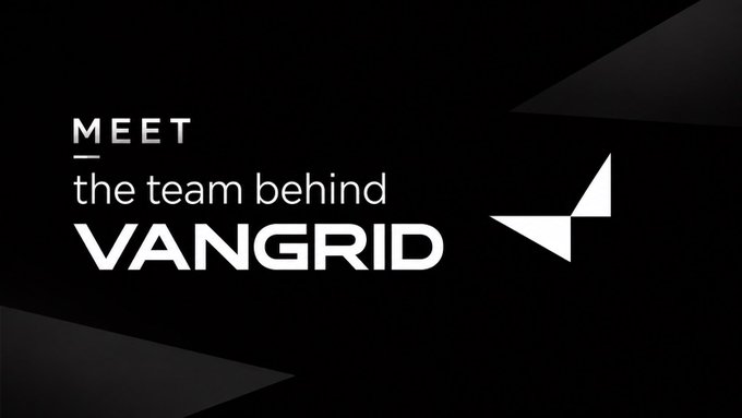 A minimalist black banner with white text reading 'MEET the team behind VANGRID', accompanied by an angular geometric logo on the right side.