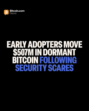 A Bitcoin.com News graphic titled "EARLY ADOPTERS MOVE $507M IN DORMANT BITCOIN FOLLOWING SECURITY SCARES," highlighting the movement of 6,427 dormant Bitcoin valued at approximately $507 million in August—5.3 times July's daily average—amid recent security vulnerabilities like the Coldcard exploit.