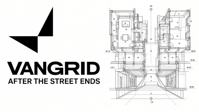 The image shows a logo for "VANGRID" with the tagline "AFTER THE STREET ENDS" alongside a detailed architectural floor plan labeled with various numbered rooms and elevation markers (123, 35-1-5, 29-04, 15-02, 10-23, 50-04, 39, 7, 9, 12). The floor plan illustrates the kind of indoor bounty hunting opportunities referenced in the post, depicting interior rooms like meeting rooms, lobbies, and other enclosed spaces that extend beyond traditional street mapping.