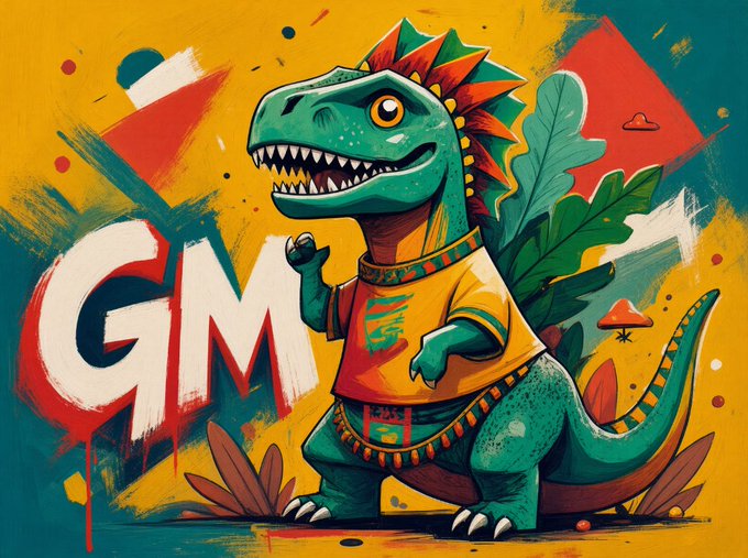 A vibrant, graffiti-style illustration featuring a green cartoon T-Rex dinosaur wearing an orange shirt, standing in front of the large red and white letters 'GM' on a yellow background.